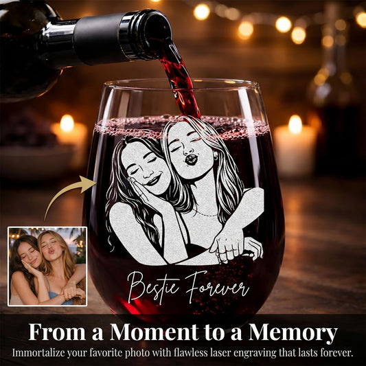 Personalized Besties Portrait Wine Glass BFF Gifts for Women Custom Photo and Name 15oz Stemless Wine Glass Soul Sister Present Gifts for Besties Sister Family Friend Bridesmaids