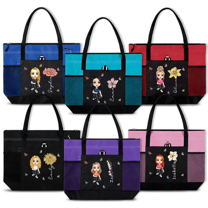 Personalized Oxford Tote Bag for Women Custom Cartoon Lady Birth Flower Travel Storage Bag with Name Large Capacity Bag for Office Travel Beach Shopping Picnic Birthday Gift for Women