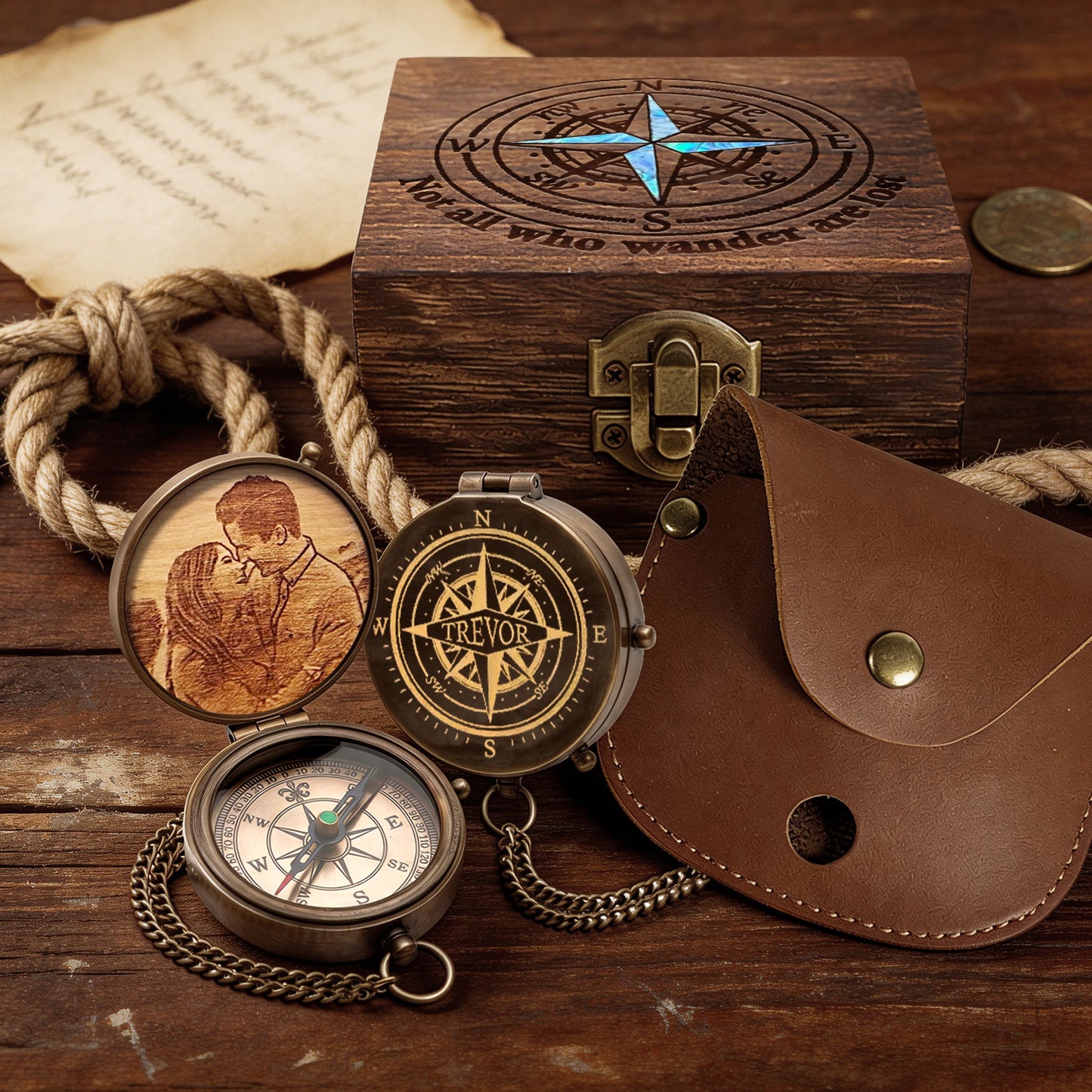 Personalized Engraved Compass with Wooden Box  Custom Brass Pocket Compass  with PU Leather Storage Pouch  for Camping Hiking Fishing  Vintage Antique Keepsake  Father's Day Birthday Xmas Gifts