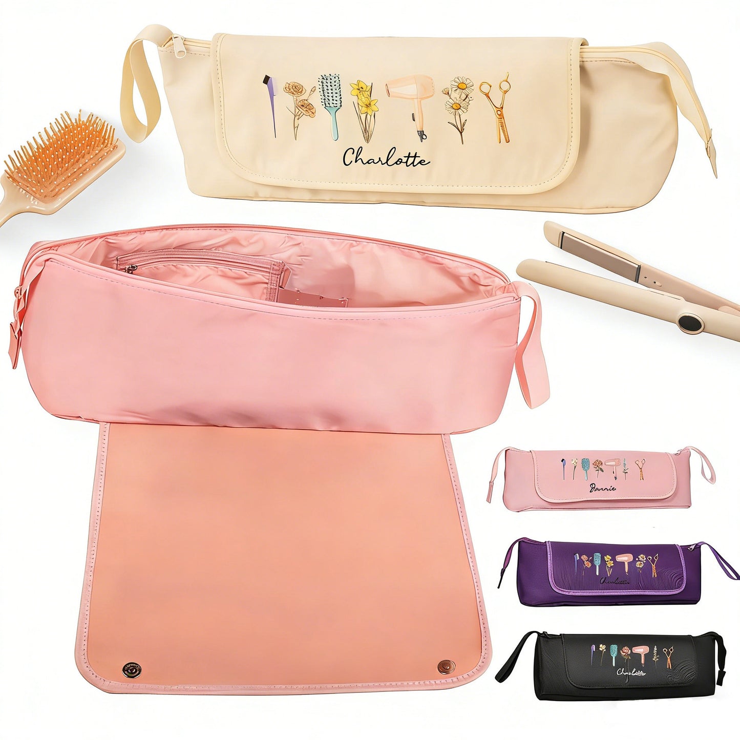 Personalized Heat-Resistant Hair Tools Travel Bag – Custom Birth Flower & Name Organizer for Dyson, Shark & Hot Tools