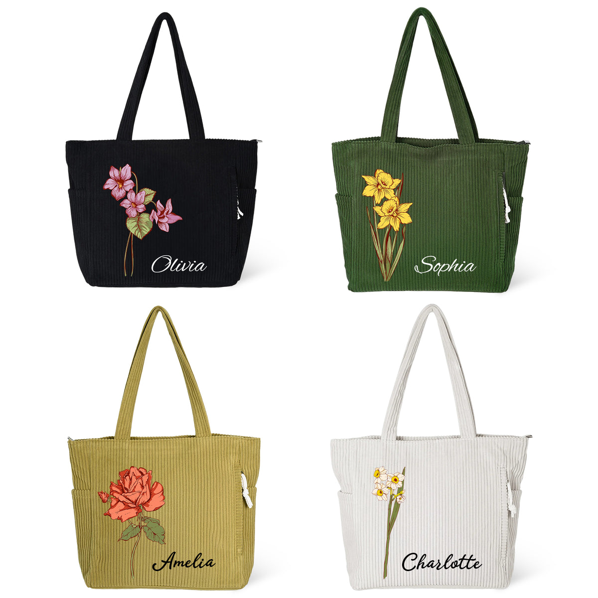 Bolso de pana personalizado con flor de nacimiento para mujer, bolso de hombro grande con cremallera y nombre personalizado