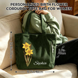 Bolso de pana personalizado con flor de nacimiento para mujer, bolso de hombro grande con cremallera y nombre personalizado