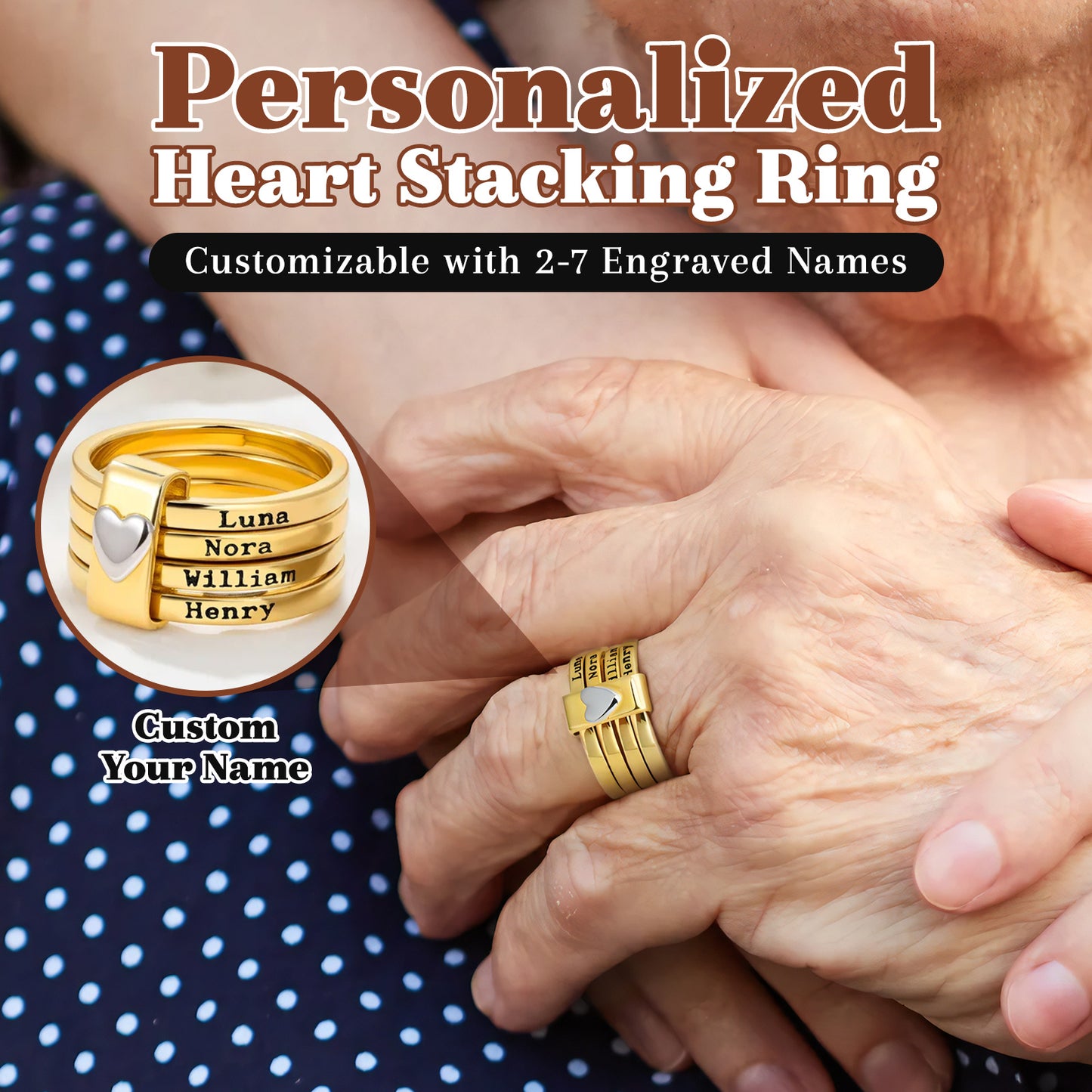 Personalized Name Ring for Women Stacking Rings with Engraved 2-7 Names Family Custom Jewelry Gifts for Mom Grandma Wife Girlfriend Mother's Day Birthday Wedding Xmas Gifts