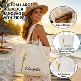 Bolso de pana personalizado con flor de nacimiento para mujer, bolso de hombro grande con cremallera y nombre personalizado