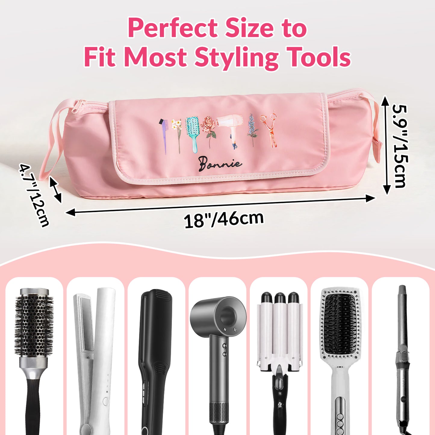 Personalized Heat-Resistant Hair Tools Travel Bag – Custom Birth Flower & Name Organizer for Dyson, Shark & Hot Tools