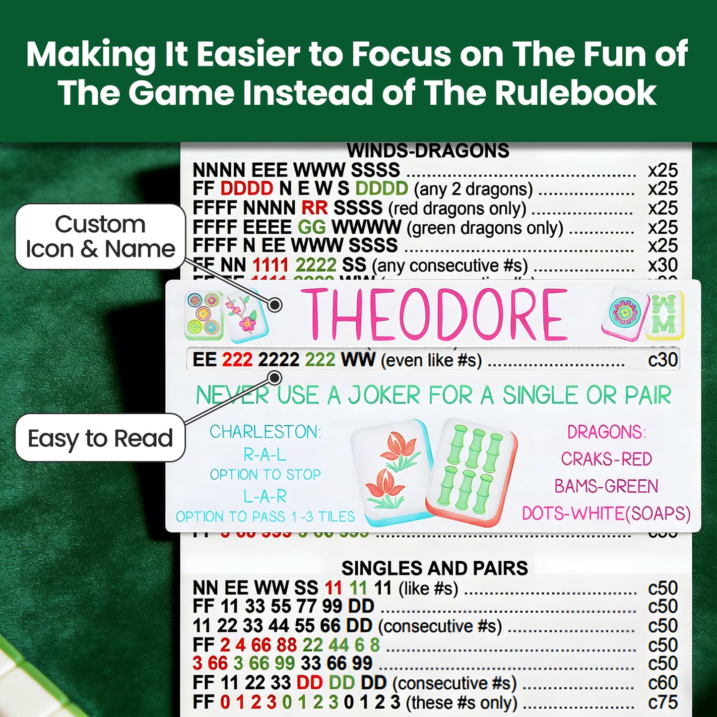 Personalized Acrylic Mahjong Line Reader with Rules and Name Accessories Tool Gifts for Parties Game Nights Birthday Gifts for Lovers Beginners Family Friends Wife