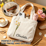 Bolso de pana personalizado con flor de nacimiento para mujer, bolso de hombro grande con cremallera y nombre personalizado