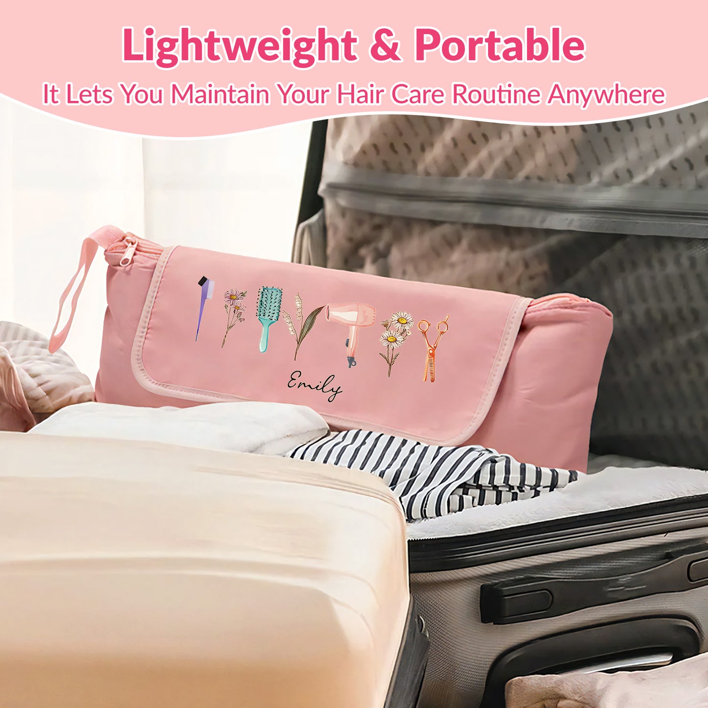 Personalized Heat-Resistant Hair Tools Travel Bag – Custom Birth Flower & Name Organizer for Dyson, Shark & Hot Tools