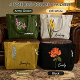 Bolso de pana personalizado con flor de nacimiento para mujer, bolso de hombro grande con cremallera y nombre personalizado