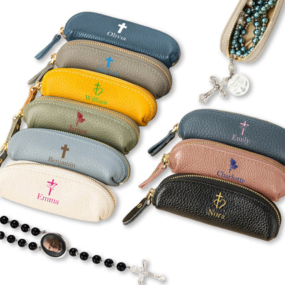 Personalized Genuine Leather Rosary Pouch, Cross Print Rosary Bag with Name