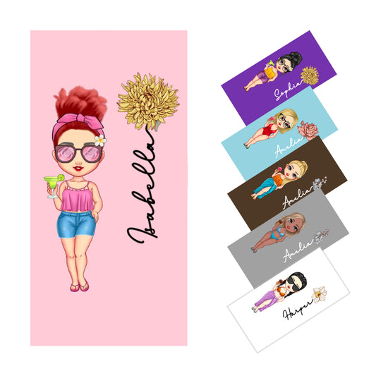 Personalized Beach Towels with Name and Birth Flower Cartoon Women Oversized Beach Towel Travel Beach Towel for Women for Swimming Pool Camping Beach Gifts for Sisters Friends Besties Adult Gift