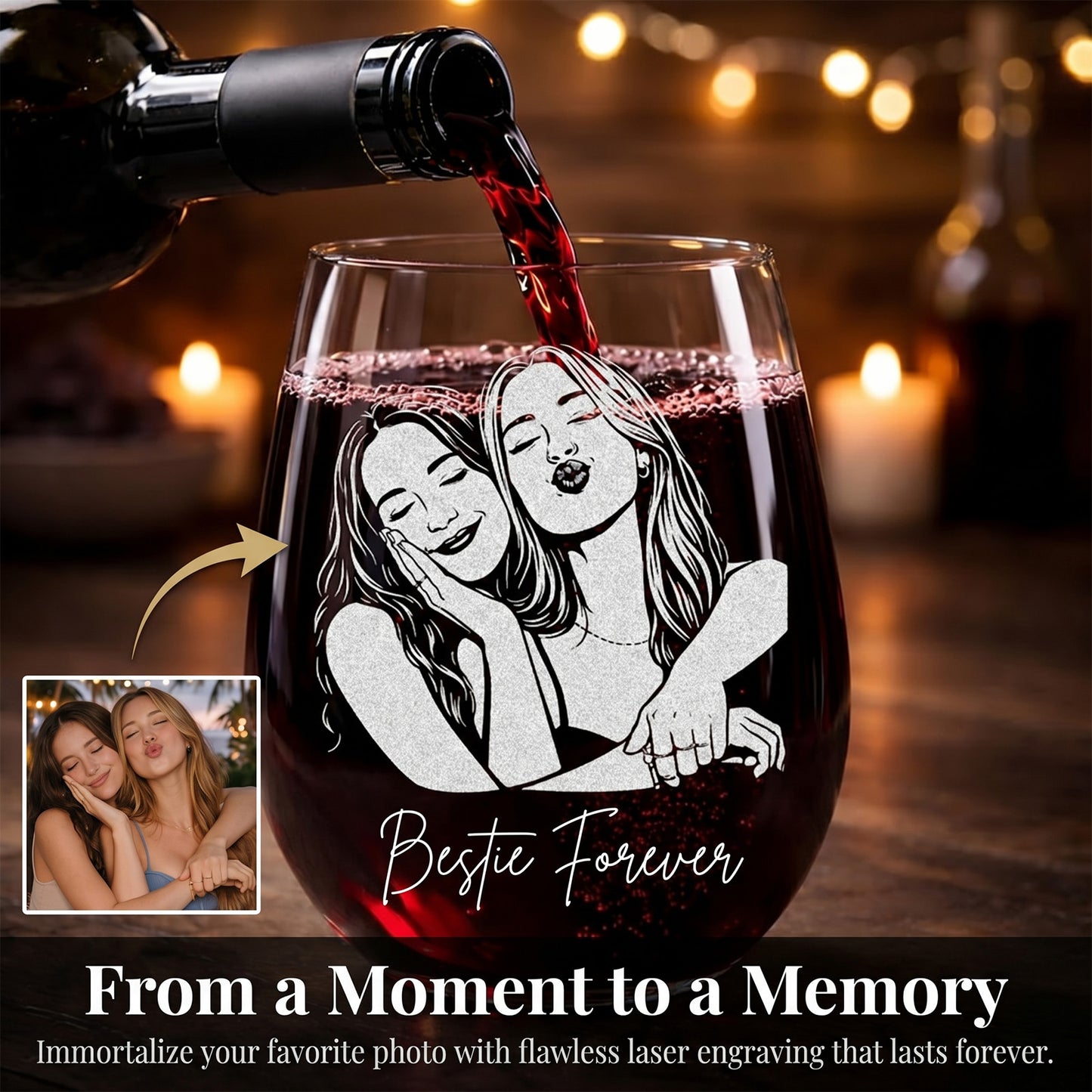 Personalized Besties Portrait Wine Glass BFF Gifts for Women Custom Photo and Name 15oz Stemless Wine Glass Soul Sister Present Gifts for Besties Sister Family Friend Bridesmaids