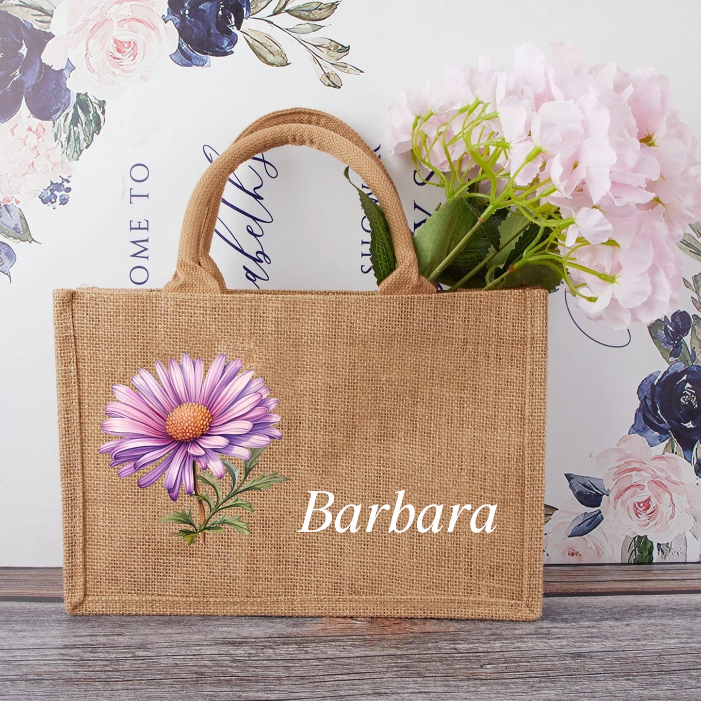 Personalized Birth Flower Beach Jute Tote Bag Trip Bag with Name