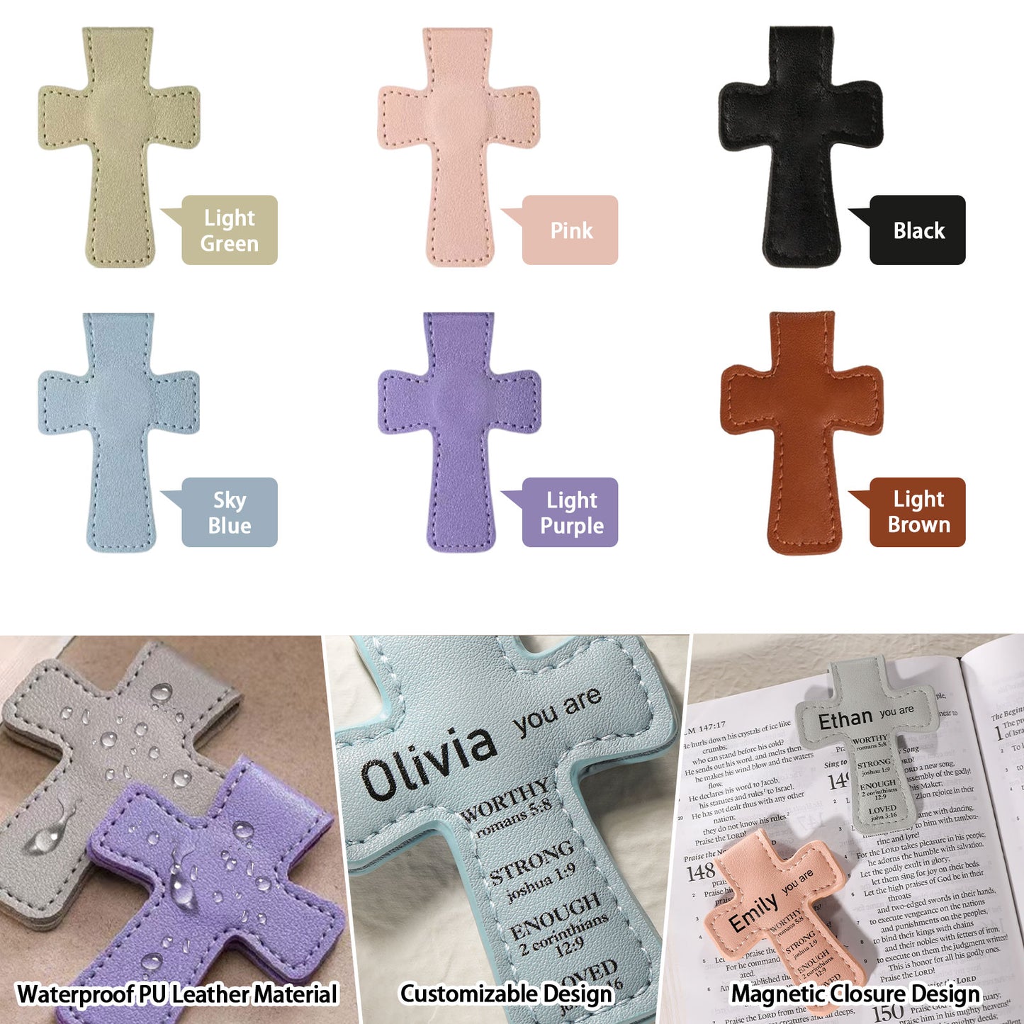 Personalized Magnetic Christian Bookmarks  Custom PU Leather Bookmark with Name & Bible Verses  Catholic Cross Book Marks  Religious Gifts for Women  Students  Teachers  Father  Book Lovers