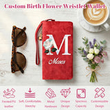 Personalized Wristlet Wallet for Women Custom Pearl Initial Birth Flower and Name PU Leather Wallet with Coin Pocket Id Window & Grip Hand Strap Mother's Day Birthday Gift for Mom Friends