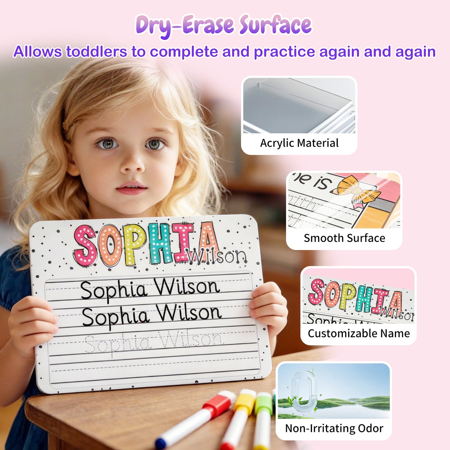 Personalized Name Practicing Board for Kids Cusotm Name Tracing Whiteboard with Dry-Erase Pen Back-to-School Gift for 3 4 5 Years Old Preschoolers Toddler Name Learning Handwriting Practice