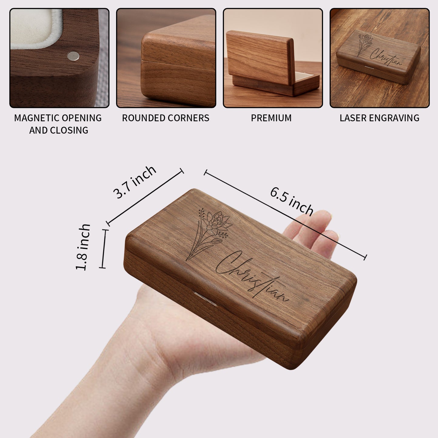 Personalized Wooden Jewelry Box with Birth Flower Name, Customized Gift for Women