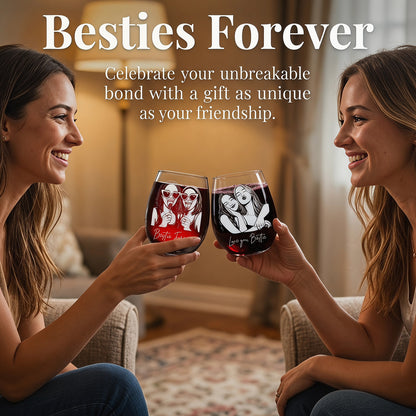 Personalized Besties Portrait Wine Glass BFF Gifts for Women Custom Photo and Name 15oz Stemless Wine Glass Soul Sister Present Gifts for Besties Sister Family Friend Bridesmaids