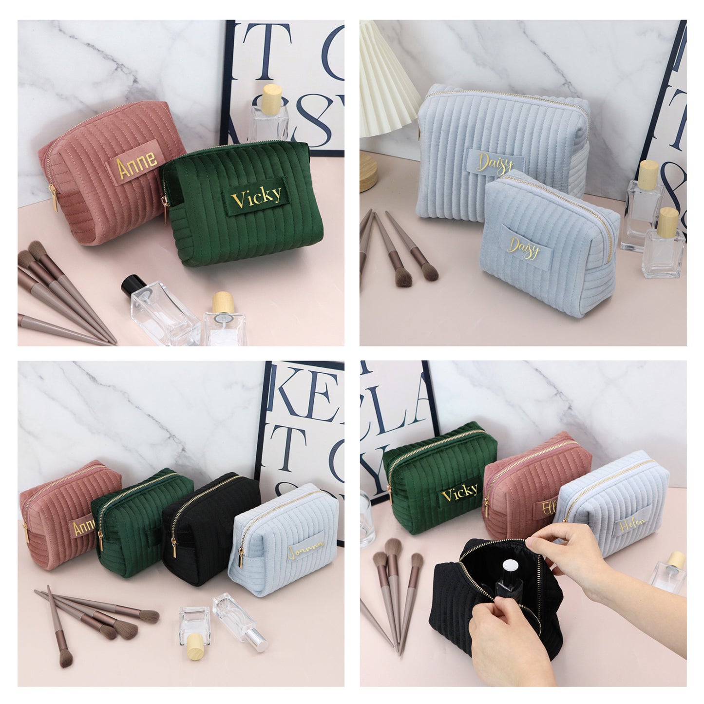 Personalized Velvet Makeup Bag, Custom Quilted Cosmetic Bag